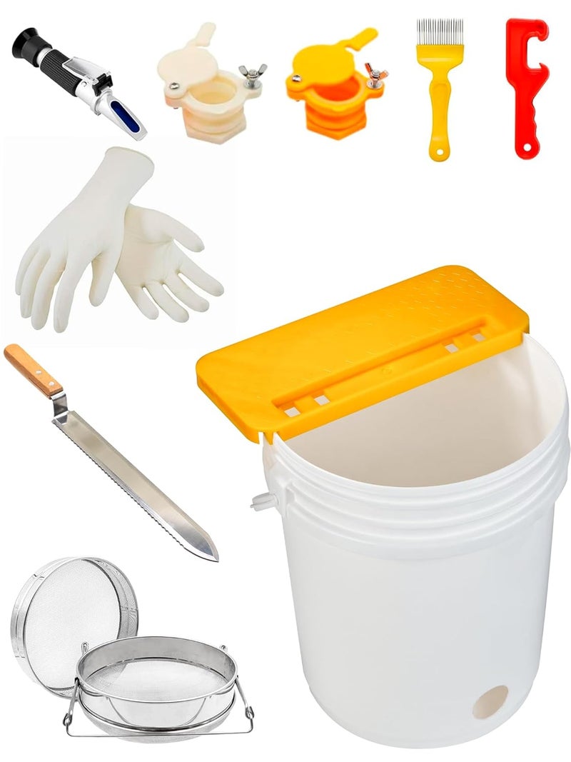 Duseu 10 PCS Honey Harvesting Beekeeping Tool Kit, 5 Gallon Bucket with Gate, 50 Pairs Gloves, 58-90% Brix Scale Range Honey Moisture Tester, Honey Pail Kit Gate Strainer Uncapping Knife Scraper - Image 1